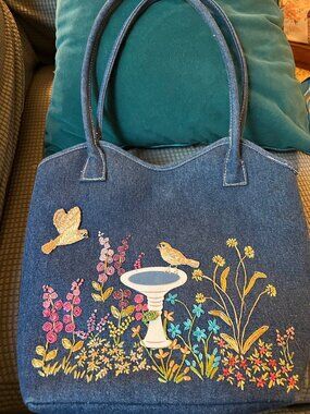 Embroidered Bird Denim Purse Tote A1395